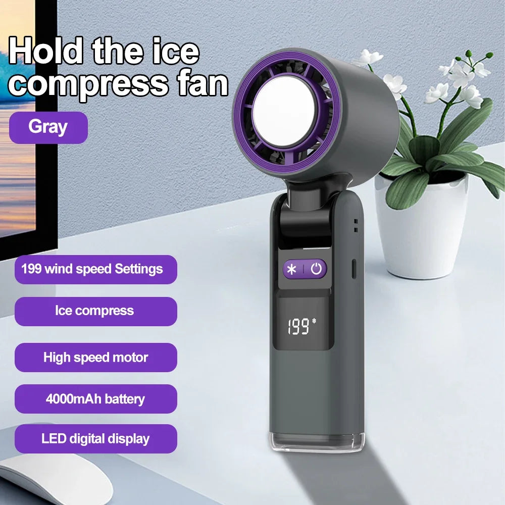 HandyBreeze™ Pro – Gray Portable Handheld Fan with Ice Cooling & Light