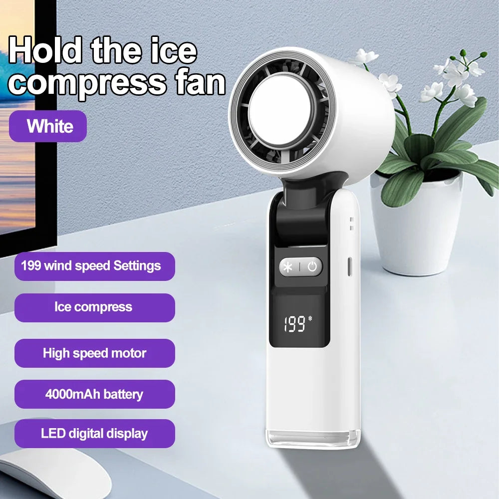 HandyBreeze™ Pro – White Portable Handheld Fan with Ice Cooling & Light