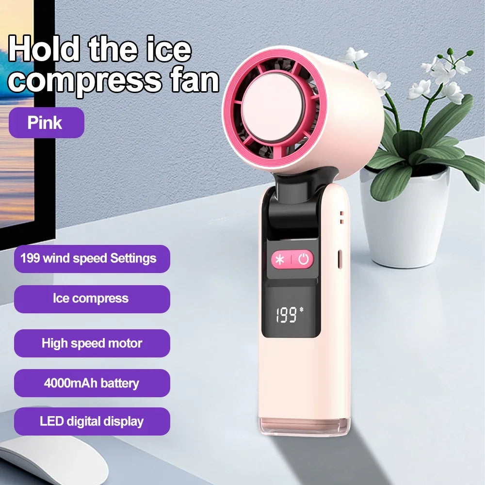 HandyBreeze™ Pro – Pink Portable Handheld Fan with Ice Cooling & Light